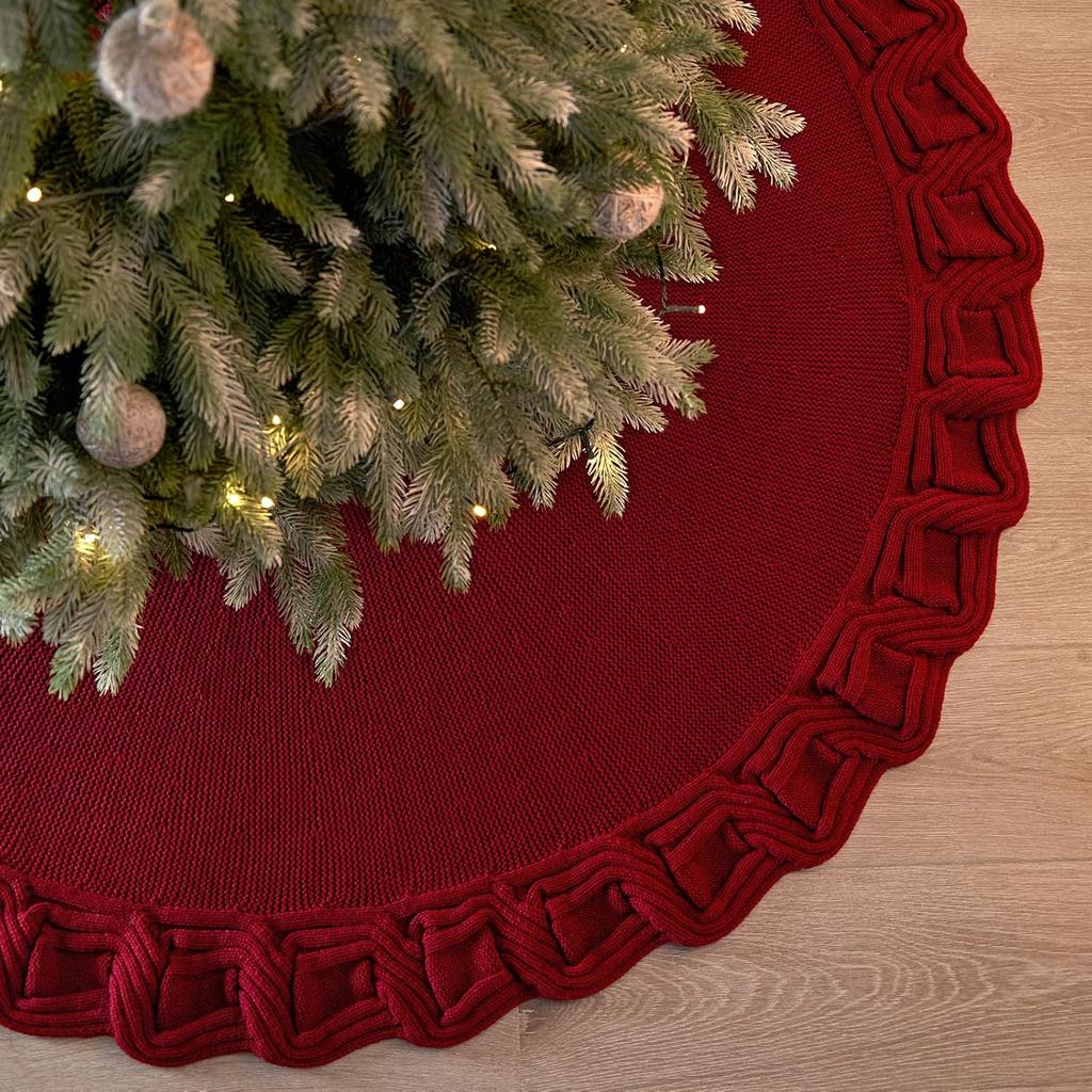 KHOYIME Red Knitted Christmas Tree Skirt 36 Inches, Rustic Vintage Large Xmas Tree Rug Skirt Chunky Thick Knit Boho Under Tree Skirt, Farmhouse