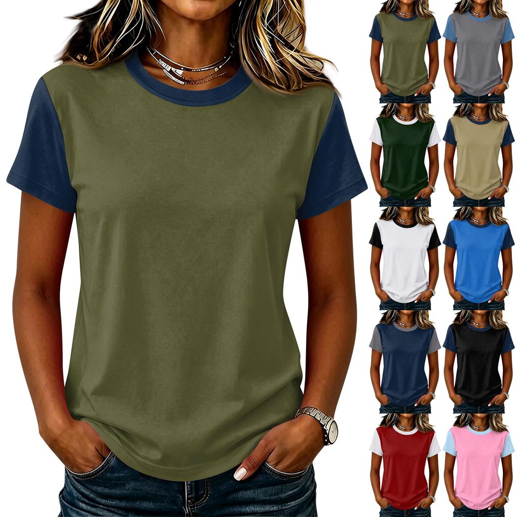 Women’s Casual Crew Neck Short Sleeve Pullover T Shirt Stitching Loose Fit Basic Top for Daily Wear