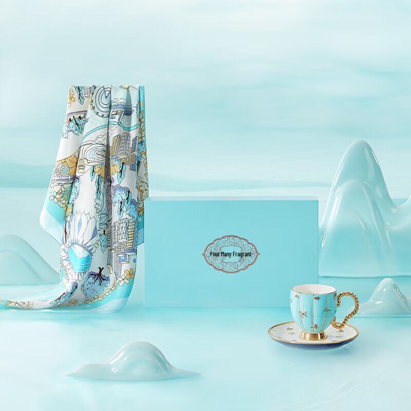 Wanshili Women's Mulberry Silk Square Scarf & Porcelain Gift Set