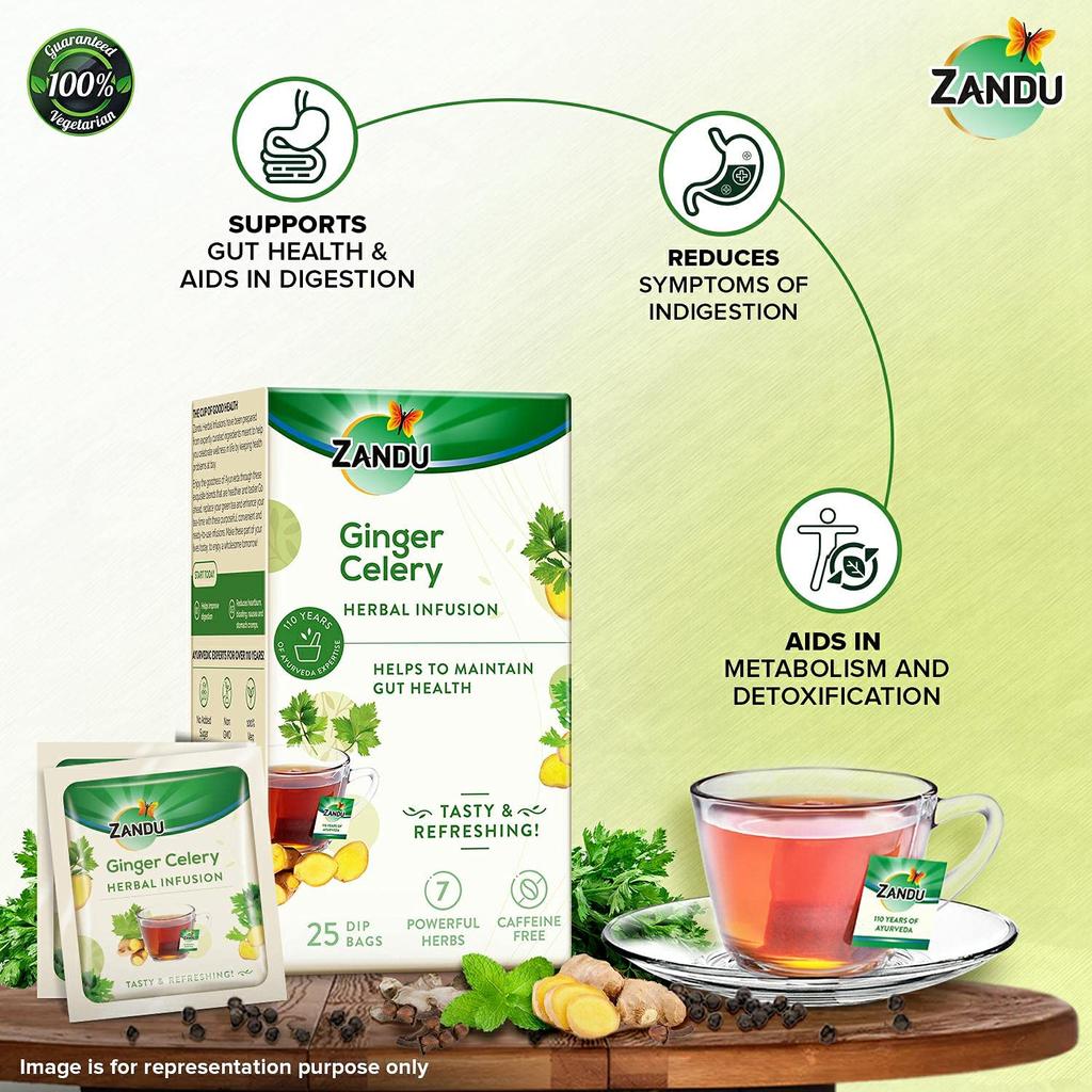 Zandu Ginger Celery Herbal Infusion Tea Pack of 25 X 2 | Ayurvedic Digestive & Refreshing Wellness Blend