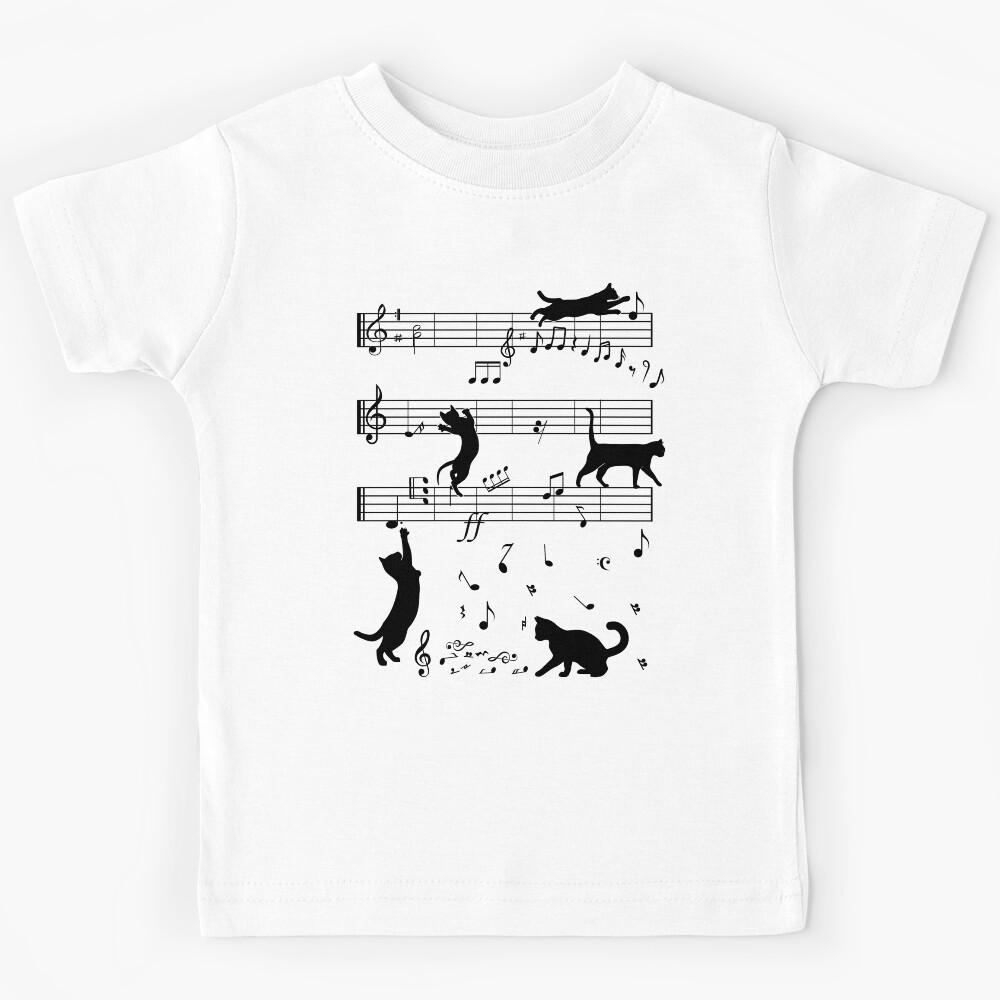 Cat Playing Clef Notes, mischievous cat destroys musical notes Kids T-Shirt 170
