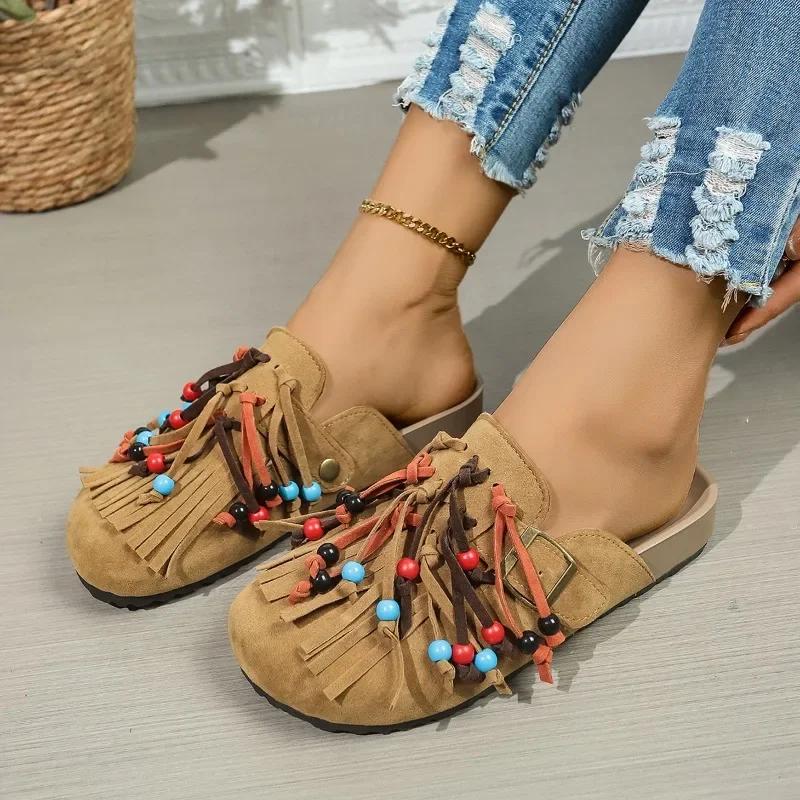 

Модные женские летние балетки с круглым носком 2025 с бахромой, шнуровкой, бусинами, пряжкой, тапочки для повседневной носки на улице, больших размеров, сандалии с закрытым носком 42