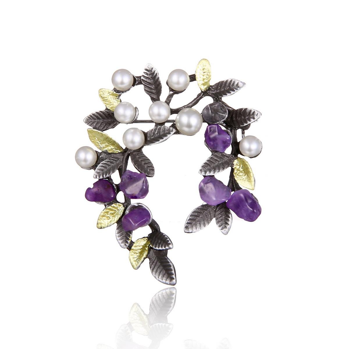 

Vintage Purple Crystal Imitation Pearl Branches Leaves Brooch For Women Men Creative Retro Leaf Wreath Lapel Pins Party Jewelry