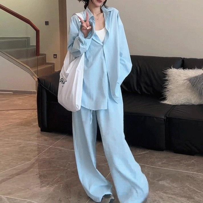 2026 spring new simple and fashionable personality casual lazy thin shirt + wide-leg casual pants two-piece set for women S