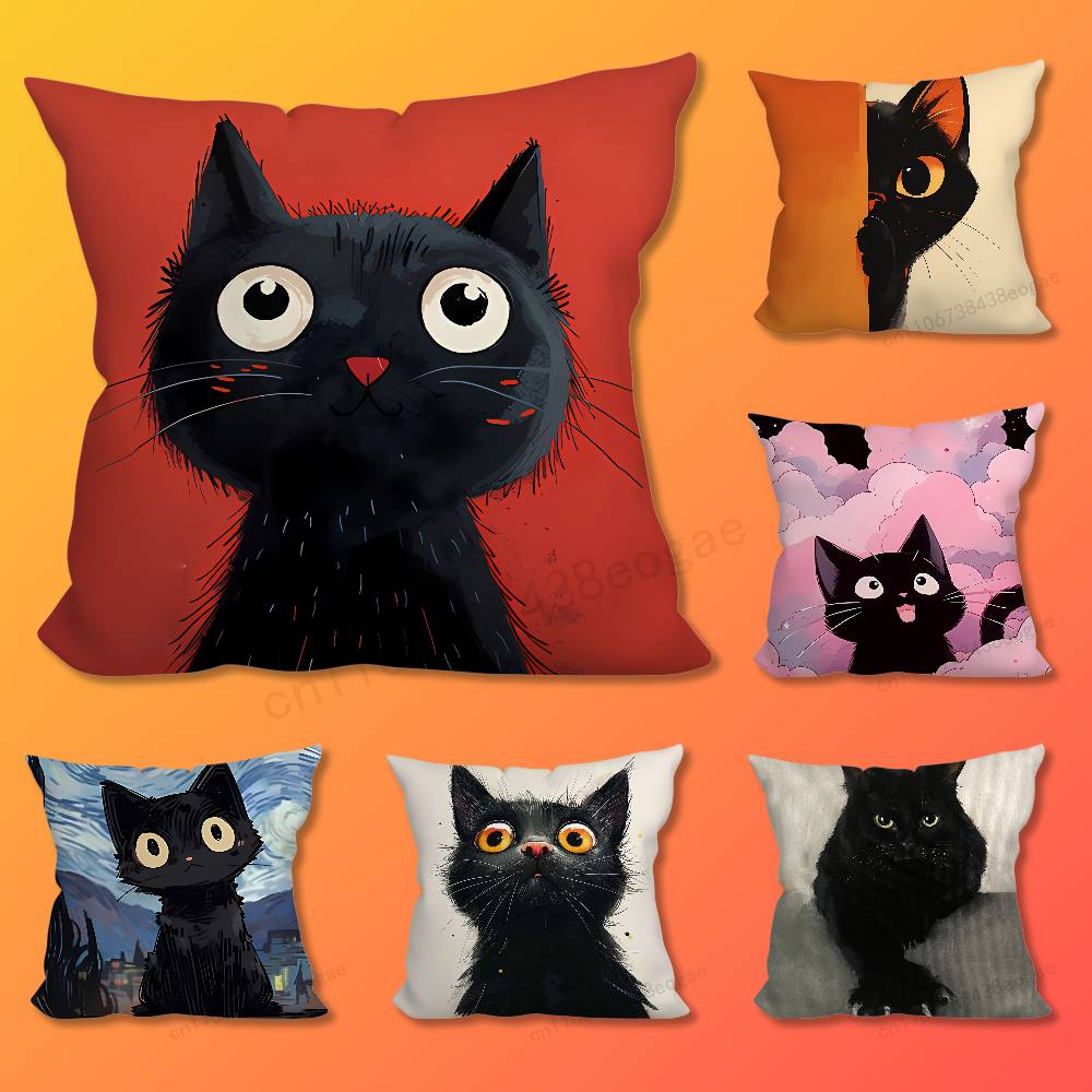 Tecknad Svart Katt Kuddfodral för Soffa i Vardagsrummet För Hem- och Sovrumsinredning och Skydd