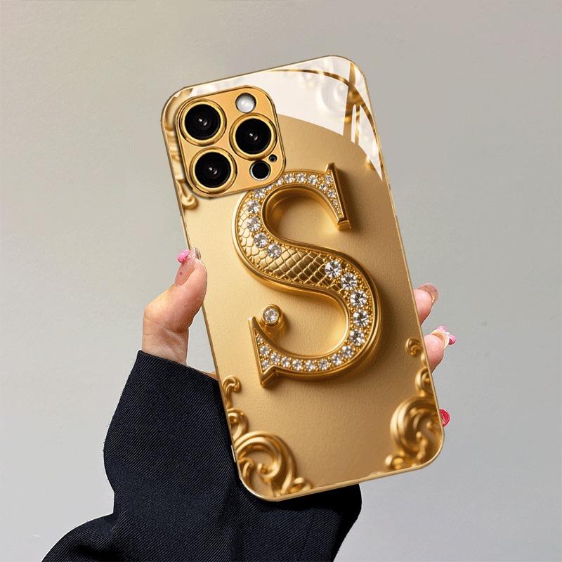 Golden Letter S Pattern Gold Metallic Paint Glass Phone Case For iPhone 17 16 15 14 13 12 11 Pro Max 16 15 Plus 17 Air 16E Cover