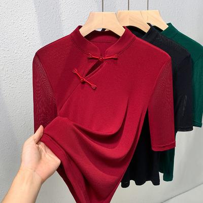 Chinese Style Mesh Short-sleeved T-shirt for Women's New Autumn New Chinese Style Folding Top Stand Collar Mid-sleeved Temperament Base Shirt