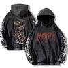 American Streetwear Distressed Wash Hoodie Dark Anime Print Zip Up Sweatshirt Unisex Casual Jacket