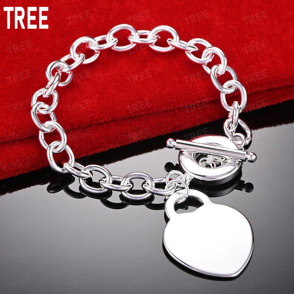 925 Sterling Silver Simple And Stylish Heart Lock Bracelet Gift Jewelry 20cm