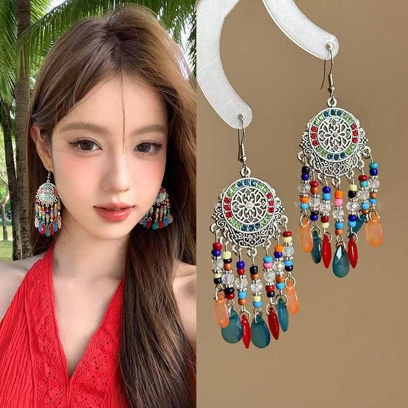 Bohemian Crystal Tassel Earrings - Ethnic Style, Slim Face, Exaggerated Design for Travel