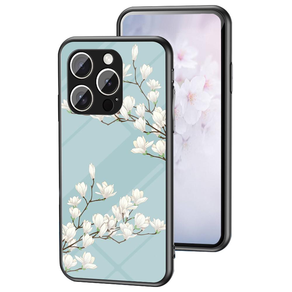 

For iPhone 16 Pro Max Case Floral Pattern TPU+Tempered Glass Protective Phone Cover Gardenias