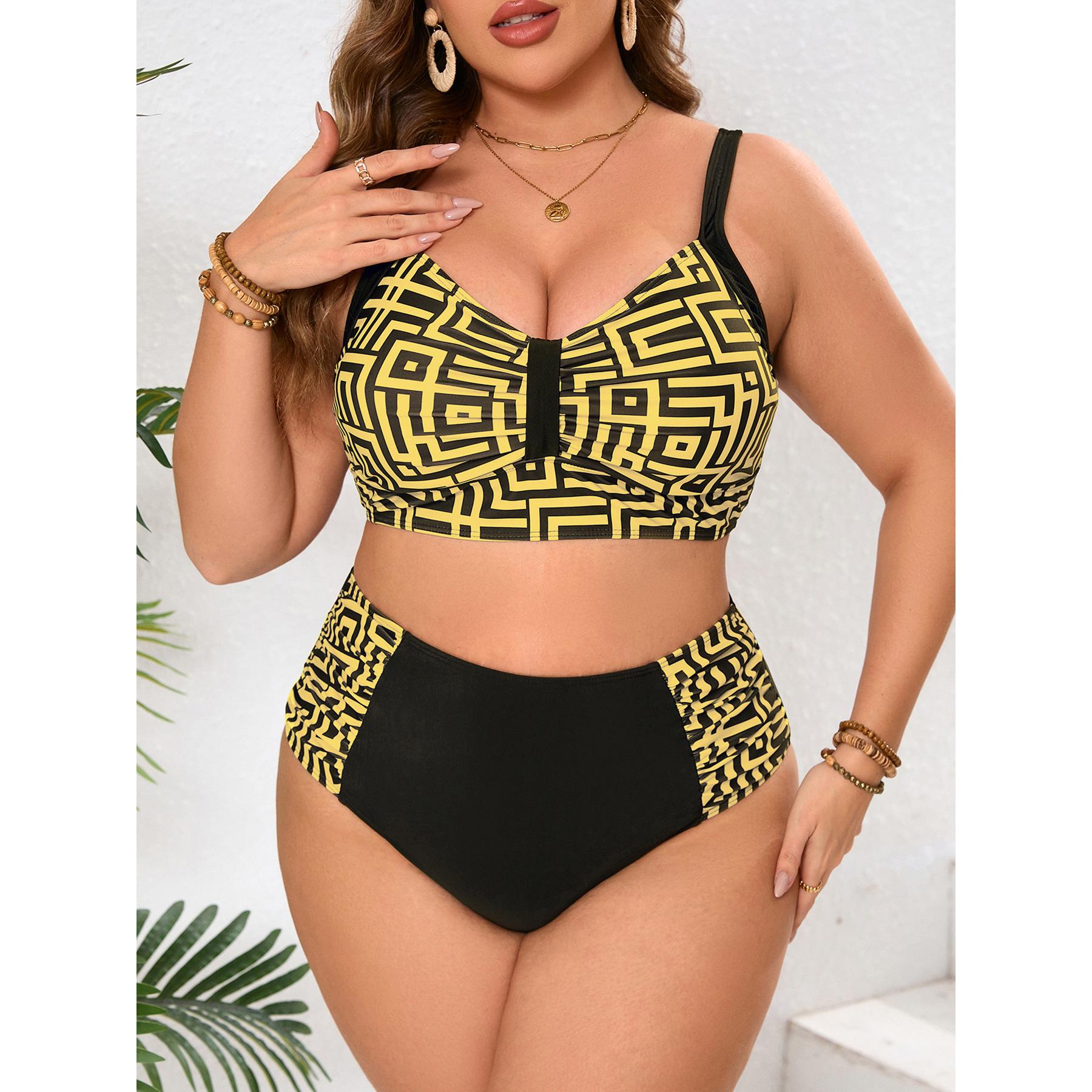 

Купальники бикини больших размеров с геометрическим принтом, V-образным вырезом и высокой талией, комплект из 2 предметов, женская одежда для плавания и купальники 5XL жёлтый