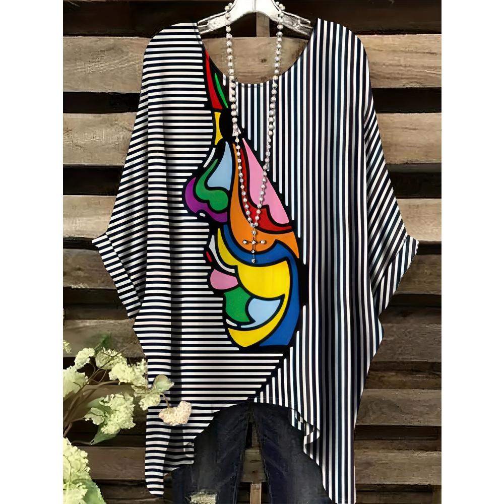 Damen T-Shirt Elegant Schwarz Gestreift Damen Gesichts Grafikdruck Tops Sommer Lässig Rundhals Kurzarm T-Shirts für Damen