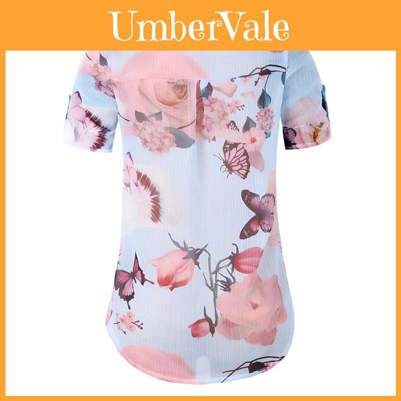 Stylish Floral Short Sleeve Ladies Chiffon Blouse For Casual Everyday Wear