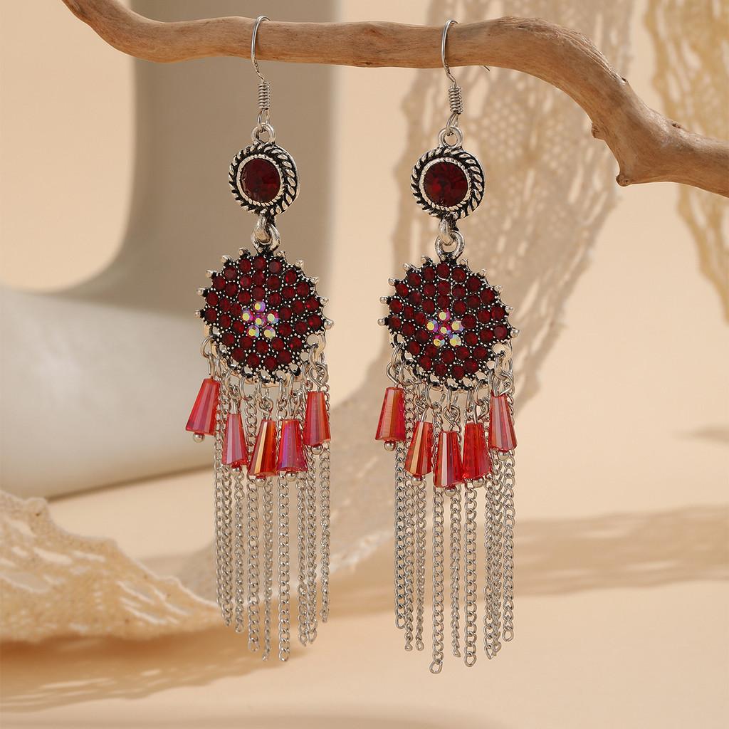 

Vintage Ethnic Style Drop Earrings With Tassels For Womens Boho Festival Jewelry Red