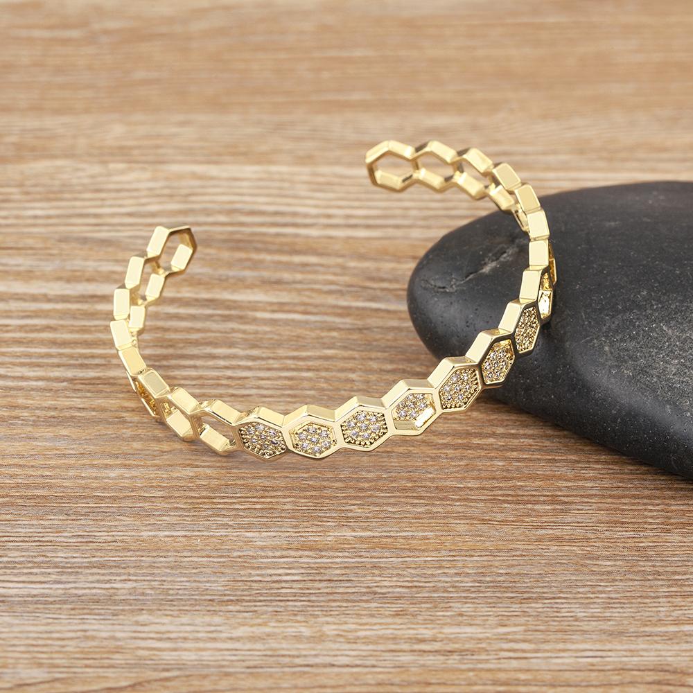 Nidin Top Quality Geometric Hexagon Shape Open Adjustable Bangles Gold/Silver Color CZ Bracelet Cubic Zirconia Jewelry Gift