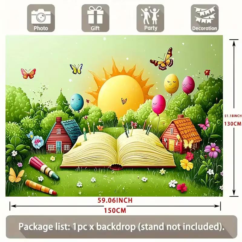 2D Magical Storybook Backdrop, Cartoon Open Book with Sun and Butterflies Background for Kids Birthday & Art Party
