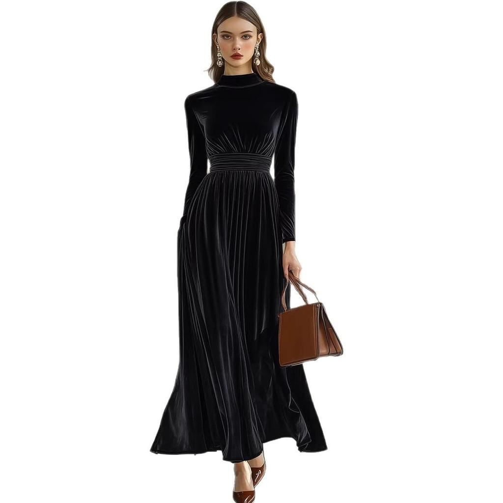 2026 Women's Elegant Gold Velvet Long-Sleeve Slimming Dress with Waist-Cinched Design for Autumn/Winter.