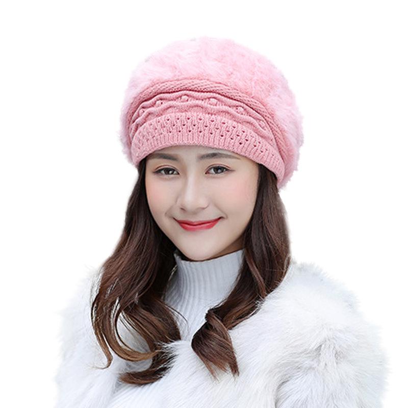 Women's Winter Rabbit Fur Knitted Beret - Warm, Velvet-Lined Korean Style