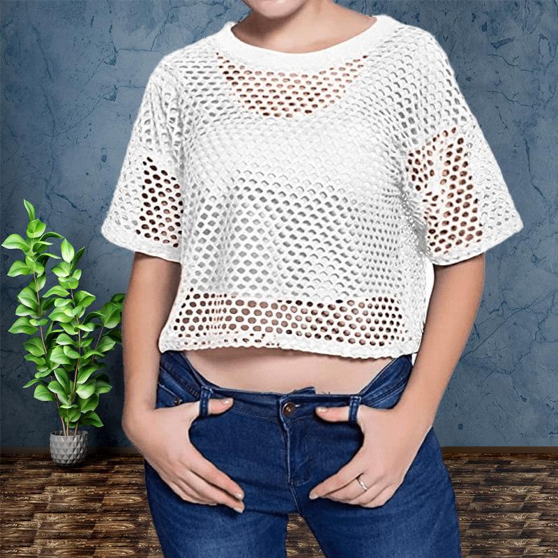 Fishnet Loose T-shirts Sexy O-neck Short Sleeve Hollow Out Black Cropped Tee Tops