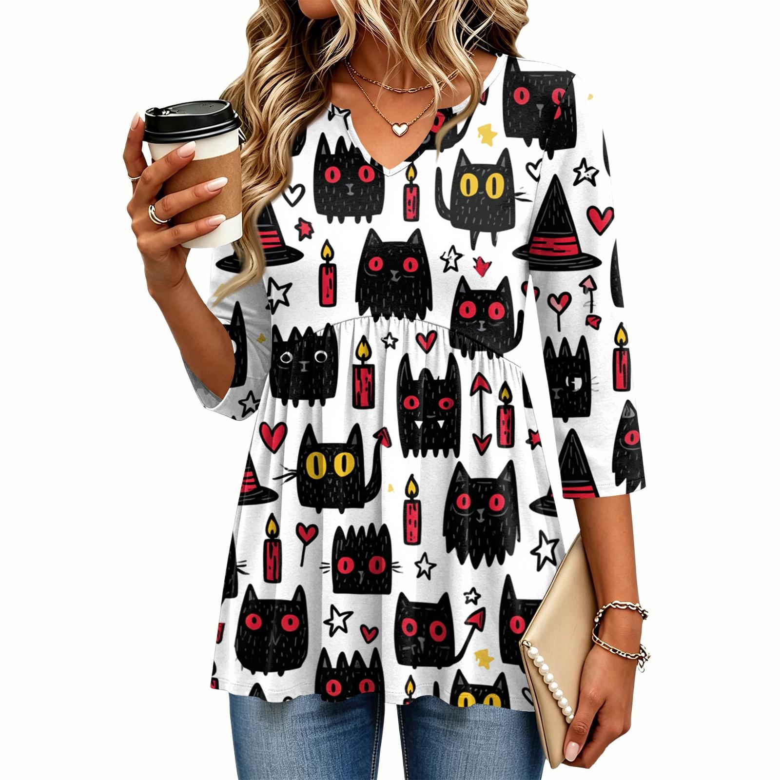Women s Casual V-Neck Three-Quarter Sleeve Blouse with Halloween Print for Fall Parties L