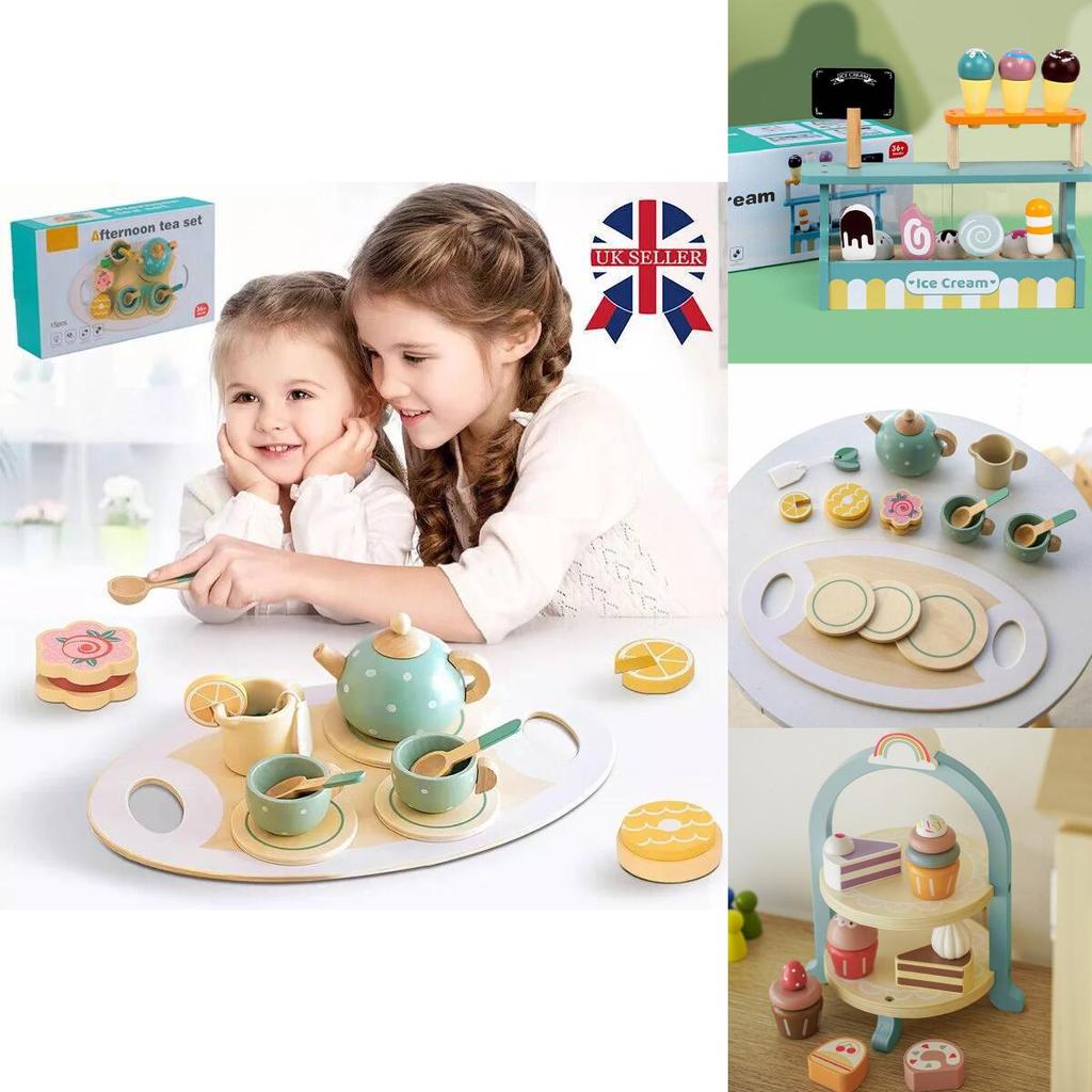 Colorful Wooden Ice Cream Shop Pretend Play Set For Kids With Realistic Tea Set Features