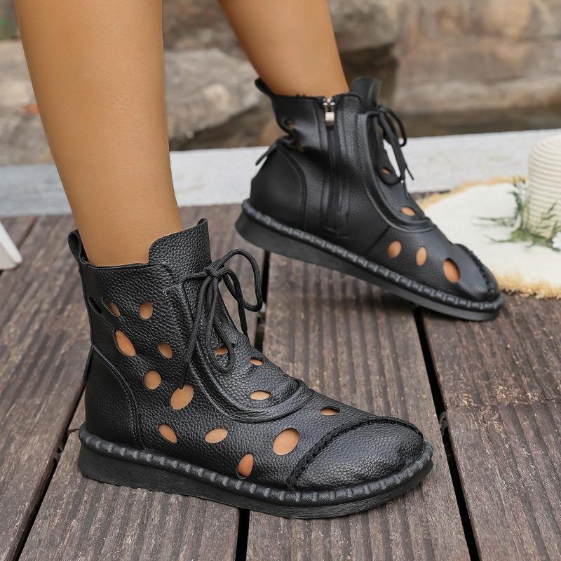 Fashion Soft-soled Short-thigh Boots Autumn New Round Toe Cutout Breathable Front Lace-up Anti-slip Wear-resistant Flat Cooling Boots