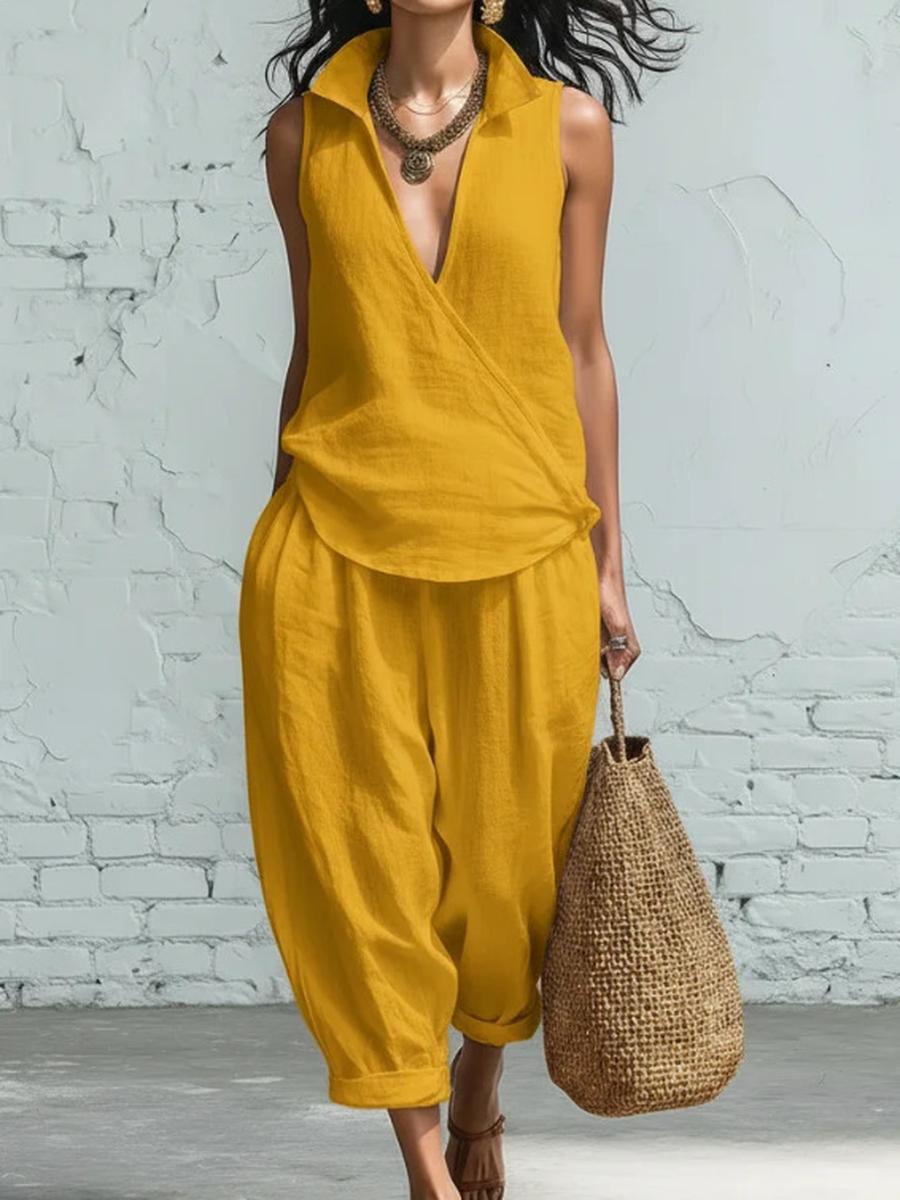 

Women s Summer Spring New Arrivals Casual Shirt and Wide Leg Pants Linen Two Piece Set XXXL жовтий
