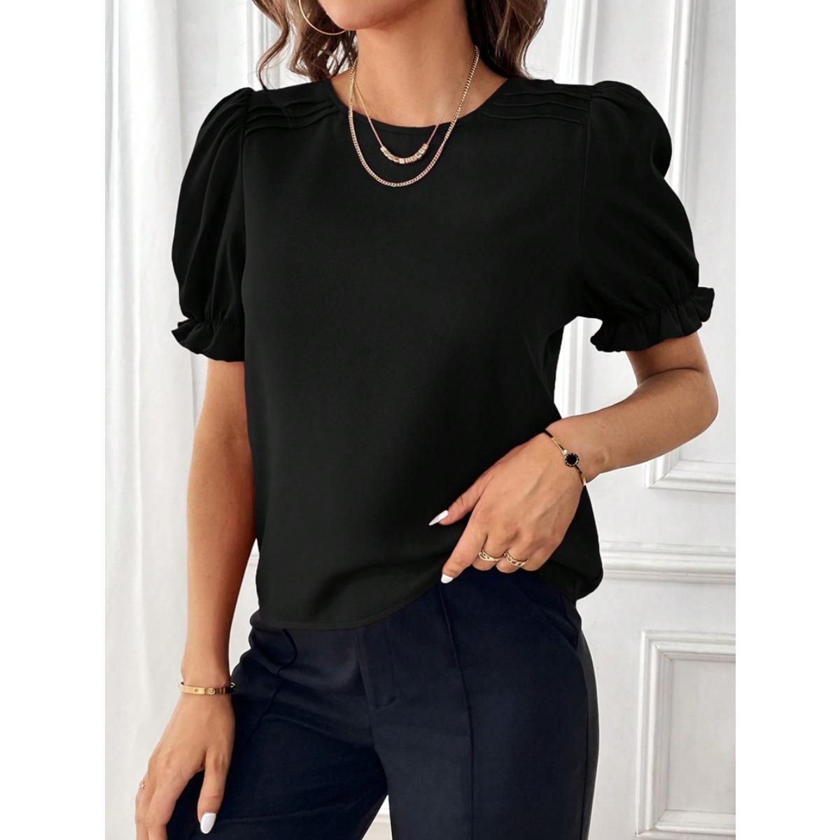 Women s Round Neck Short Sleeve Blouse Regular Fit Elegant Solid Puff Sleeve Top S чёрный