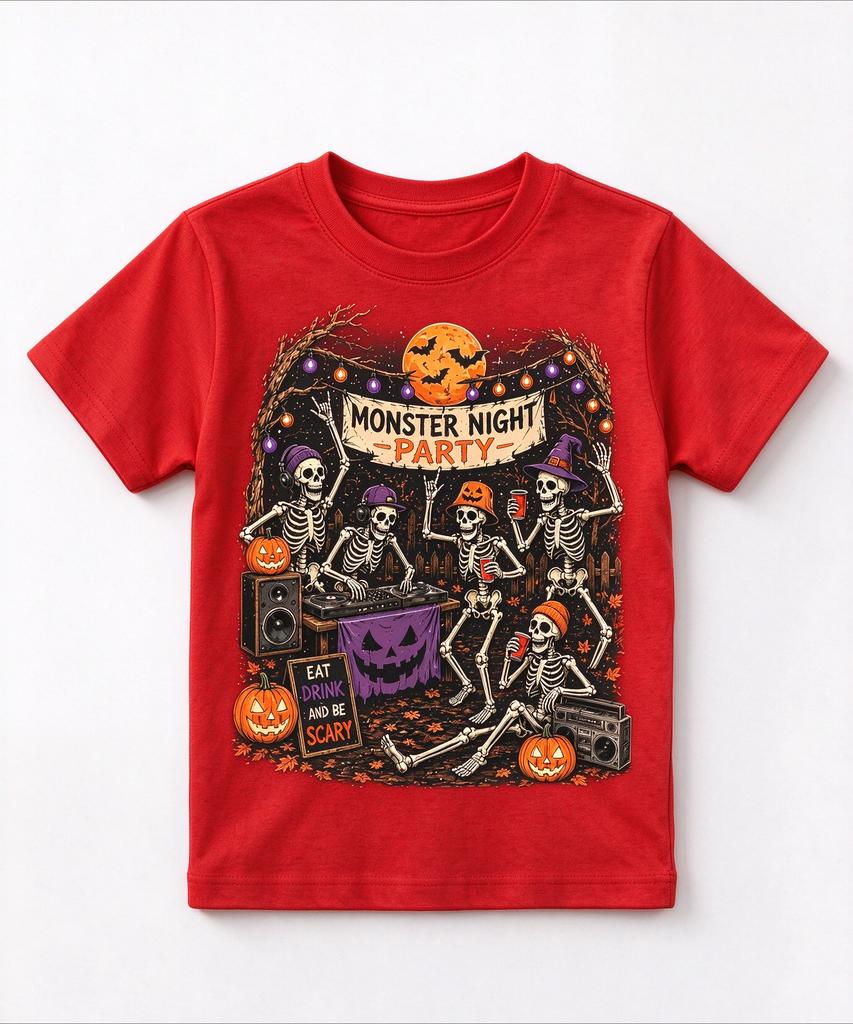 Halloween Kids Graphic Tee Skeleton Monster Night Party Print Boys Girls Casual Top