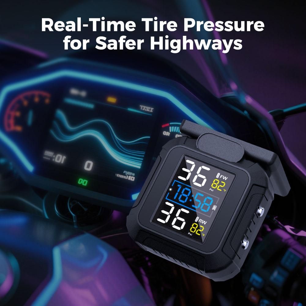 Motocyklový TPMS Moto Systémy alarmu pneumatik Solární energie Reálný čas Se 2 externími senzory Systém monitorování tlaku v pneumatikách Teplotní alarm