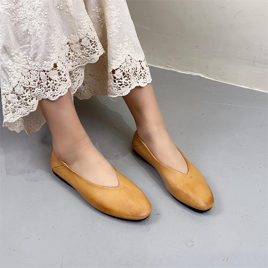 Johnature Мокасины ручной работы из натуральной кожи, туфли на плоской подошве, ретро, круглый носок, неглубокая мягкая подошва, женские туфли