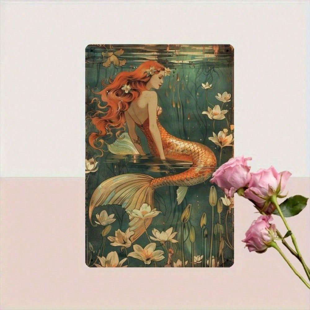 Metal Poster Vintage Mermaid Flower Art 8x12 Inch Wall Decor for Bathroom Living Room
