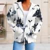 Women Plus Size Zip Up Long Sleeve Hoodie Black Cat Pumpkin Leaf Printed White Sweatshirt With Pockets