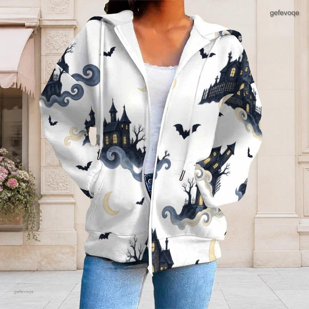 Women Plus Size Zip Up Long Sleeve Hoodie Black Cat Pumpkin Leaf Printed White Sweatshirt With Pockets