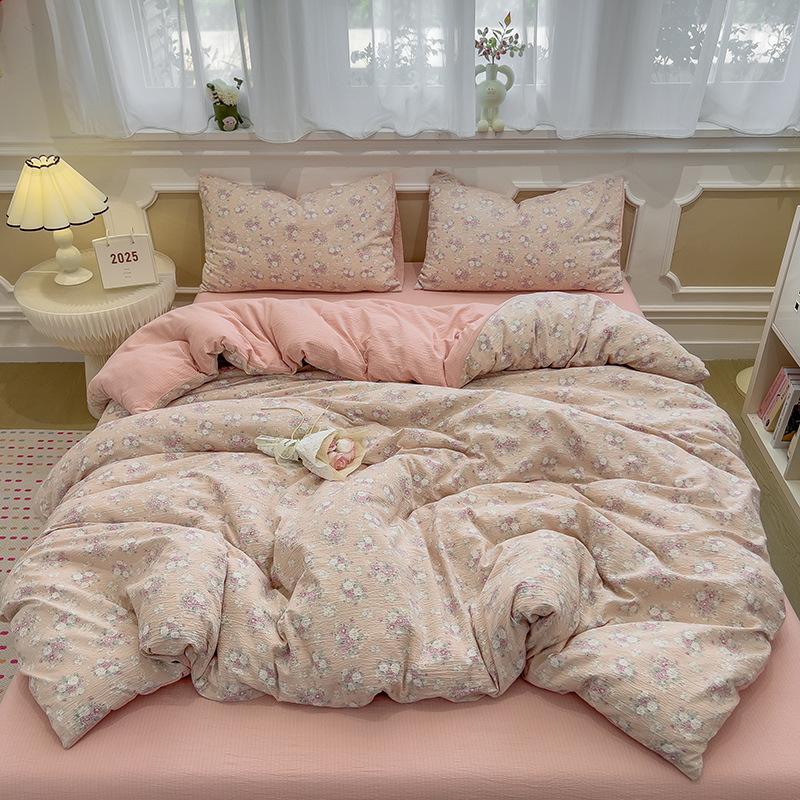 Cream Wind Double Yarn Bedding Four-piece Set Skin-friendly Breathable Washed Sheets Quilt Cover Pillowcase