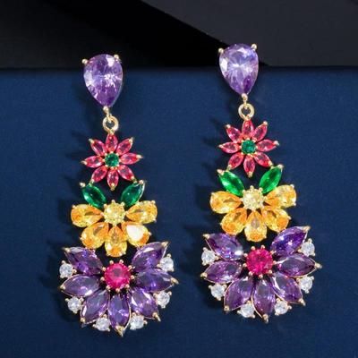Orecchini pendenti a forma di fiore con zirconi multicolori in stile etnico CMM