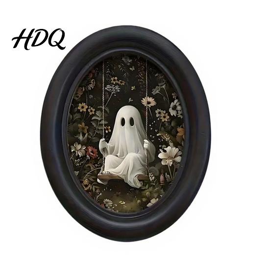 Soft Dark Tone Art Halloween Ghost Wall Art Cute Table Sign Vintage Oval Framed Academia Decor Picture Decorative for Mantel Living Room