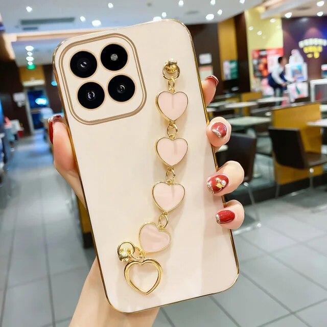 Electroplate Love Heart Bracelet Case For Xiaomi Mi 14T Pro 13T Pro 12T 11T Pro Chain Wristband Camera Lens Protection Soft Cover