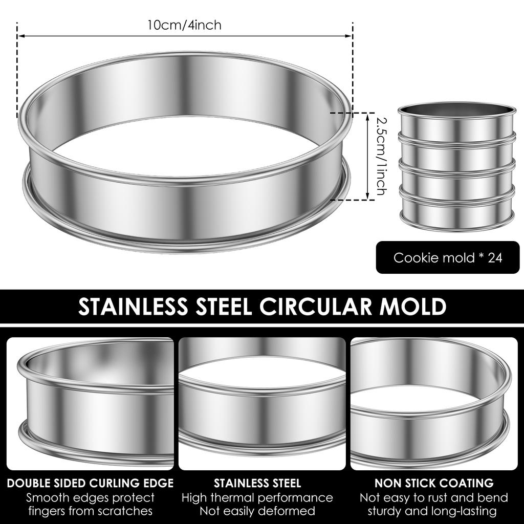 24Pcs English Muffin Rings Stainless Steel Crumpet Rings Nonstick Tart Rings Double Rolled Muffin Tart Rings Crumpet Ring Molds