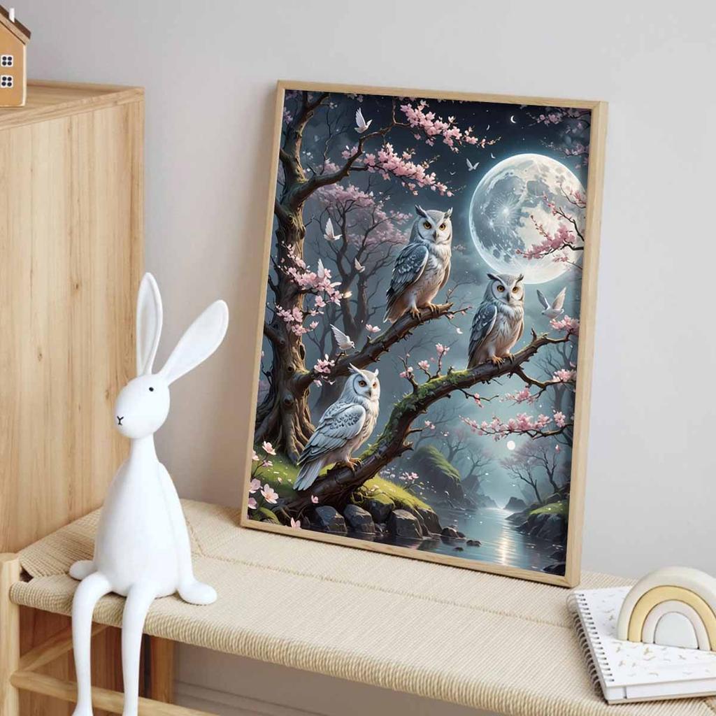 Owl Diamond Art Piece Set, Moonlight 5D Diamond Painting DIY Rhinestone Gem Cross Stitch Craft and Artwork Decoration Home Wall Mural