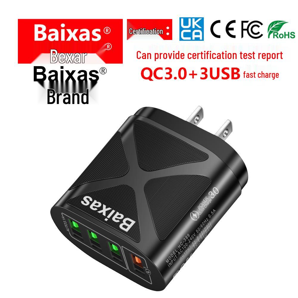 Multi-Port USB Fast Charger QC3.0, 4 Ports, 5V/9V/12V, Compatible with EU/US/UK/AU Standards