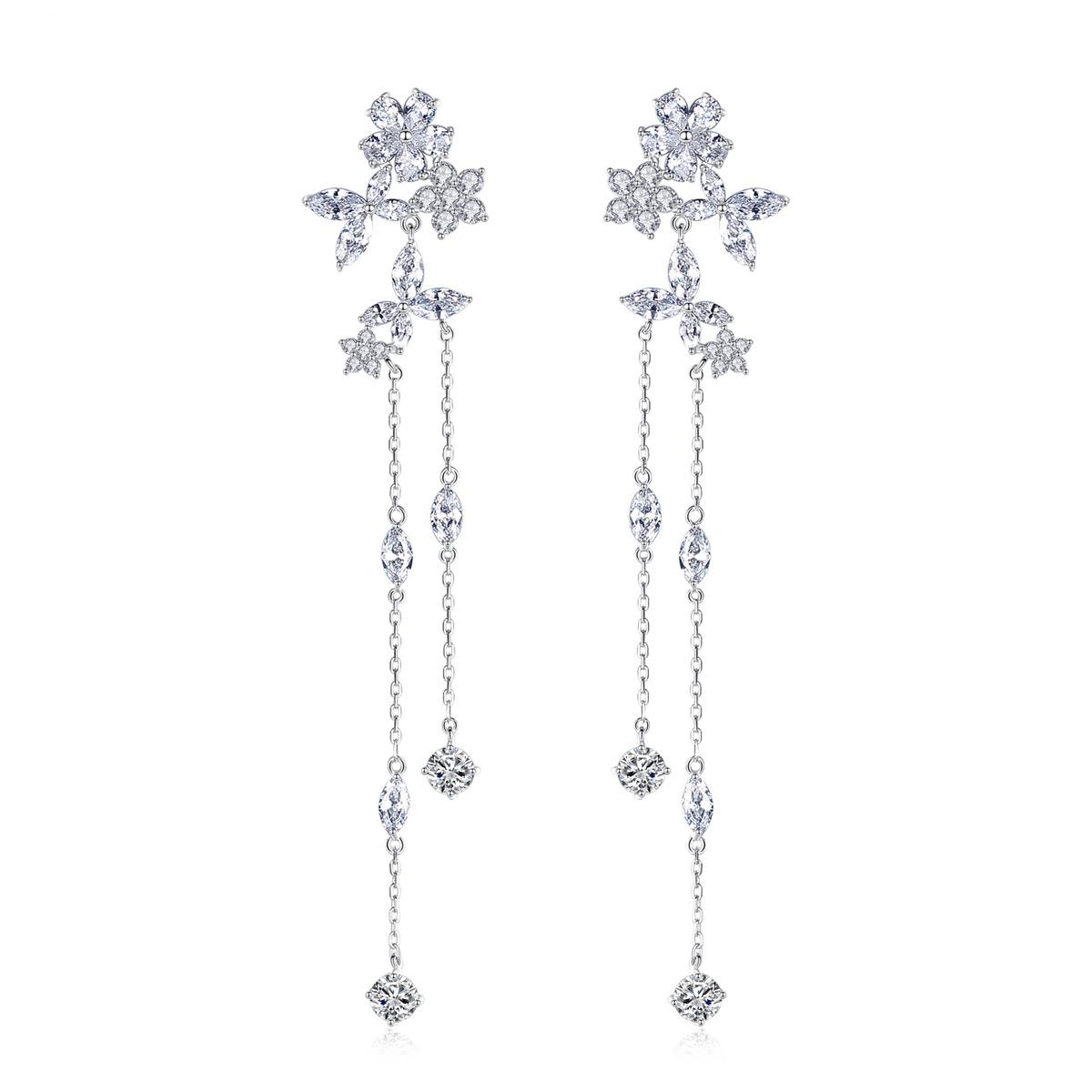 Luxurious ultra Long Tassel Chain Earrings Copper Inlaid Zircon Earrings Fashionable Elegant Floral Earrings Luxury