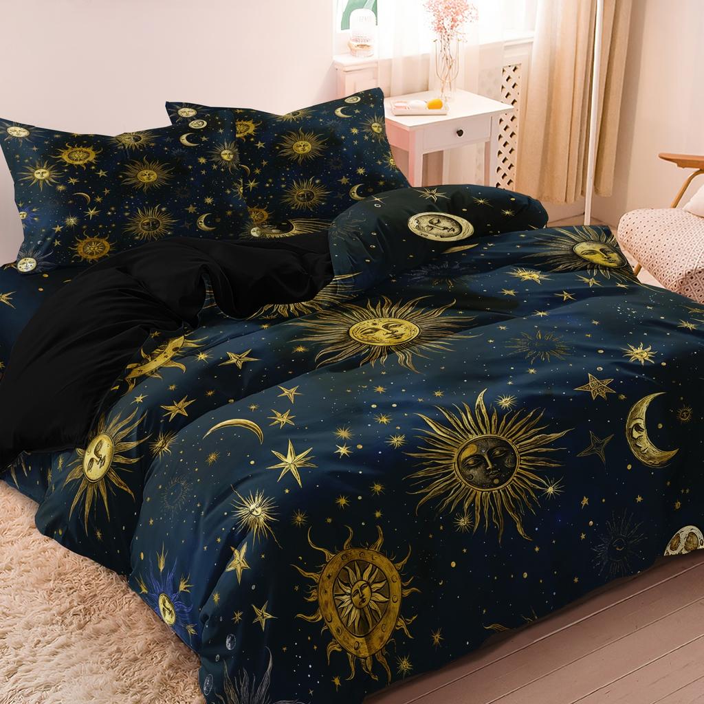 3-teiliges Set Bettbezug-Set mit Sonne & Mond Muster, Enthält 1 Bettbezug & 2 Kissenbezüge ohne Füllung, Weiche Bequeme Bettwäsche