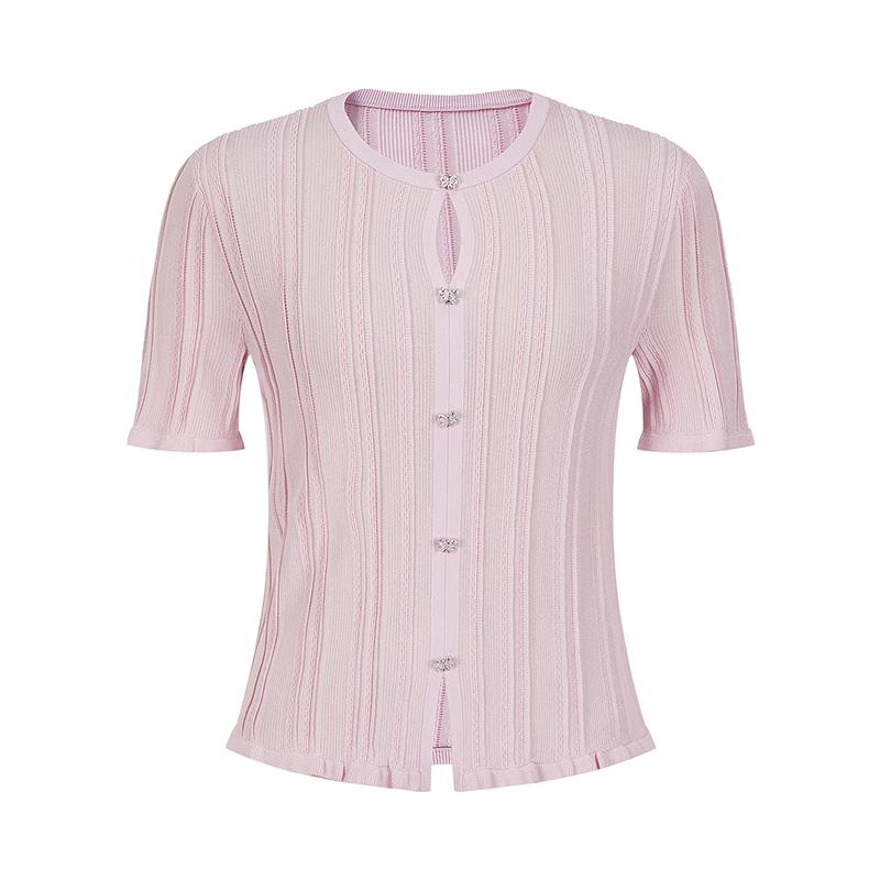 JUZUI Elegant and Simple Curved Pearl Yarn Knitted Shirt for Women Summer New Style JWFX31217
