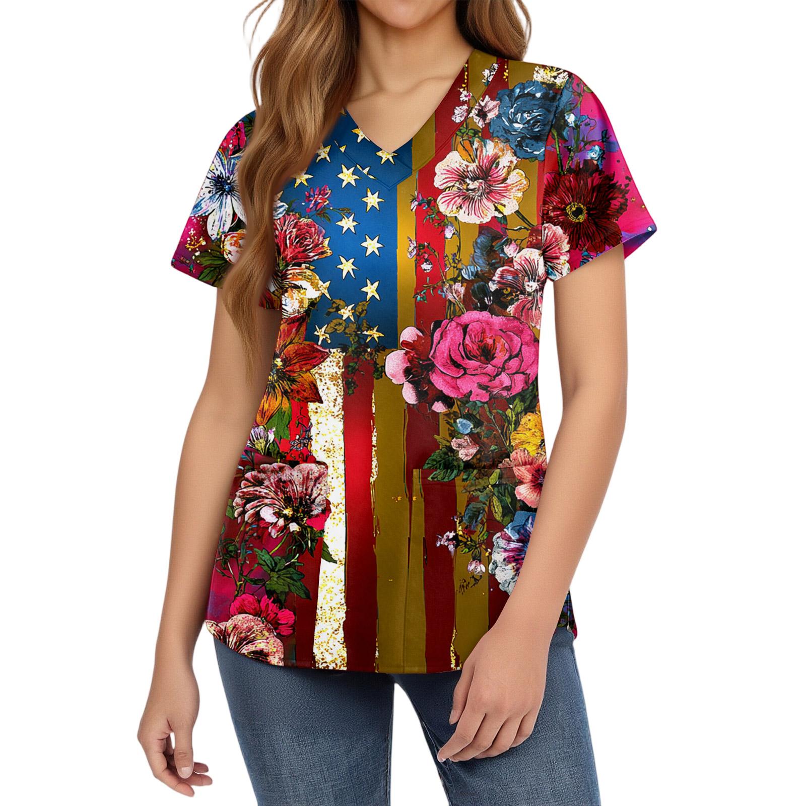 

Женская модная рабочая форма с V-образным вырезом, короткими рукавами и карманами, топ с принтом, форма сиделки. L синий