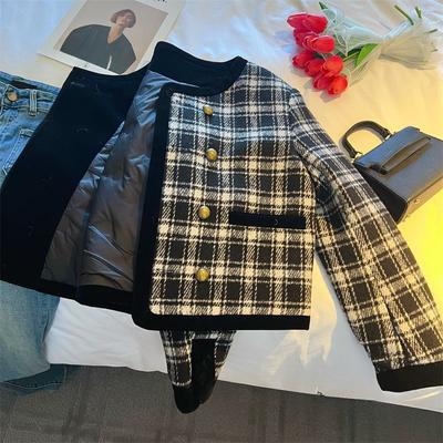 Vintage Checkered Short Jacket In French Style with Cotton Filling and Exquisite Temperament for Women