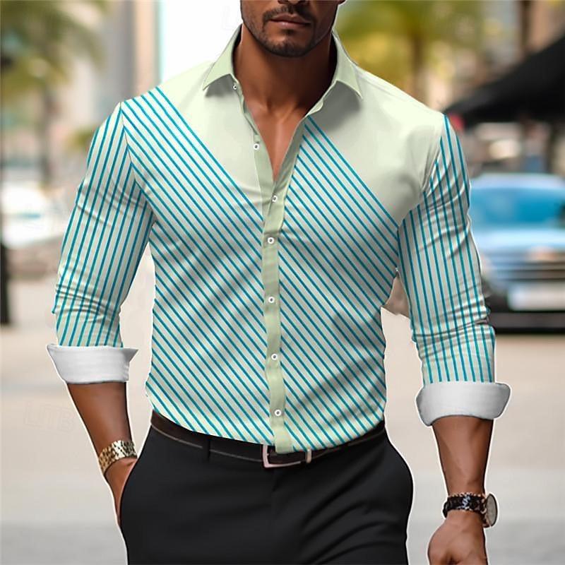 Striped men's business casual 3D printed shirt for outdoor wear, daily work folding, long sleeved oversized xs-6xL for comfort