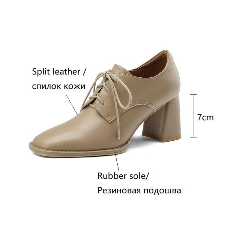 Mode NY Vår/Höst Dam Loafers Fyrkantig Tå Höga Klackar Spaltläder Chunky Klack Pumps Dam Plus Storlek Retro Snörning Svarta Skor