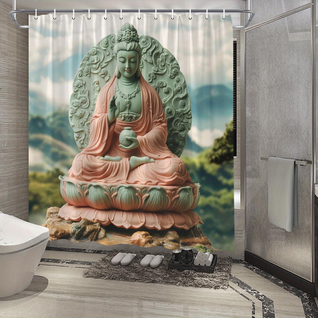 1Pc Serene Green Buddhist Statue Of Guanyin Shower Curtain With Lush Mountain Landscape - Polyester Fabric, 70X70 Inches